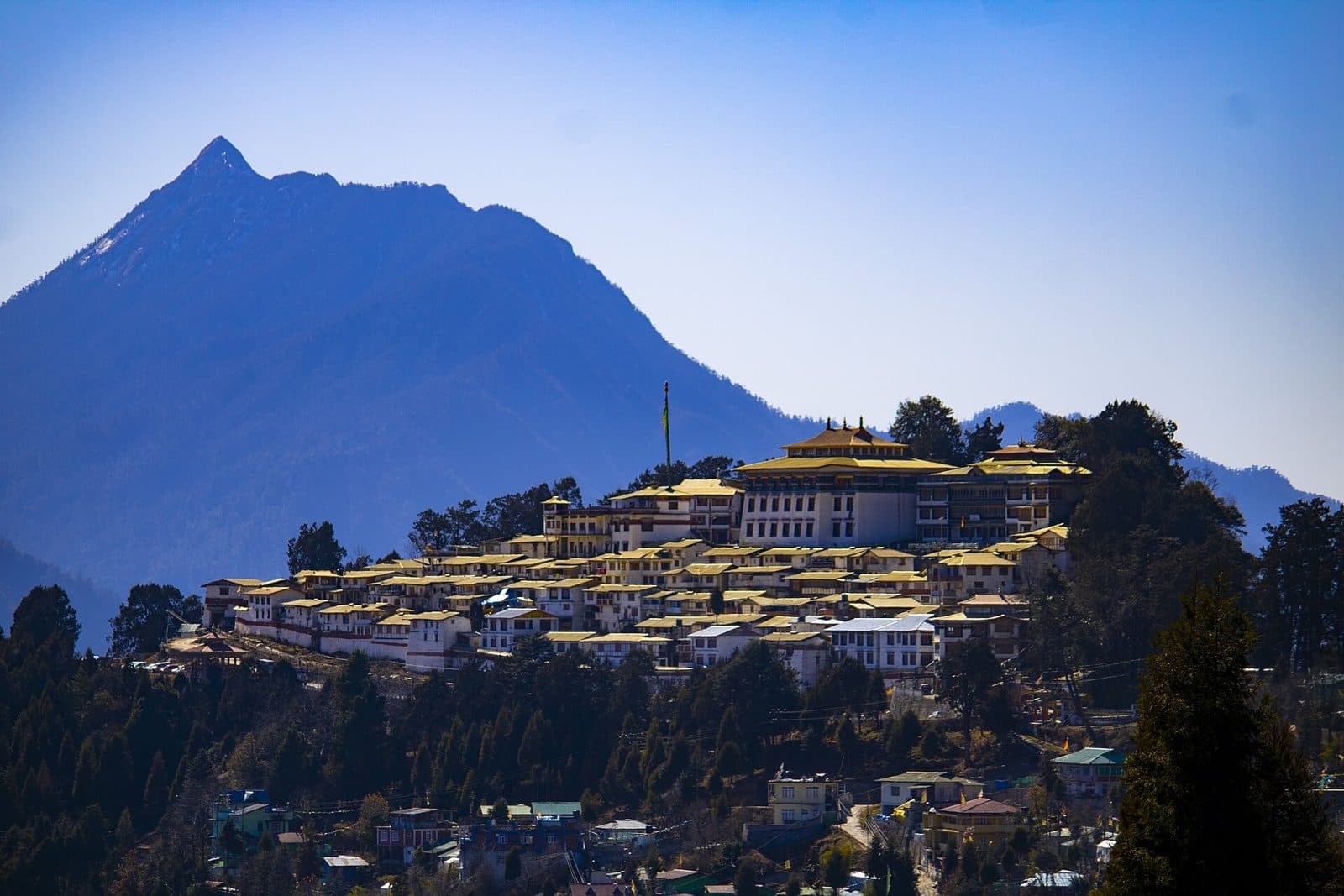 Tawang Monastery spread along a forested ridge below a tall mountain peak
